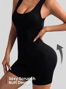 SHEIN Sports Seamless Backless Sleeveless Solid Color Sports Romper - Black - View 5