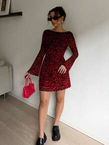 SHEIN EZwear 女士露背豹纹网眼连衣裙 - 紅色 - 查看 4