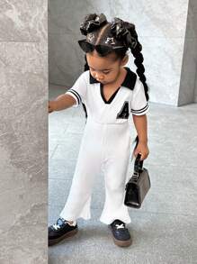 SHEIN 嬰兒女童休閒時尚簡單字母印花連身衣（附標籤），V領領口 - 白色 - 查看 1