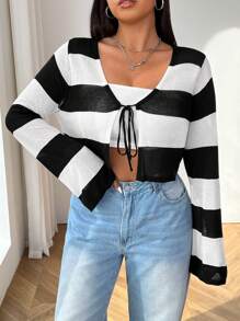 SHEIN EZwear Cardigan de punto a rayas negras y blancas con lazo delantero de manga larga, talla grande, para uso casual