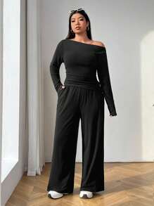 SHEIN EZwear 女士黑色长袖T恤和长裤两件套加大码针织套装 - 黑色 - 查看 3