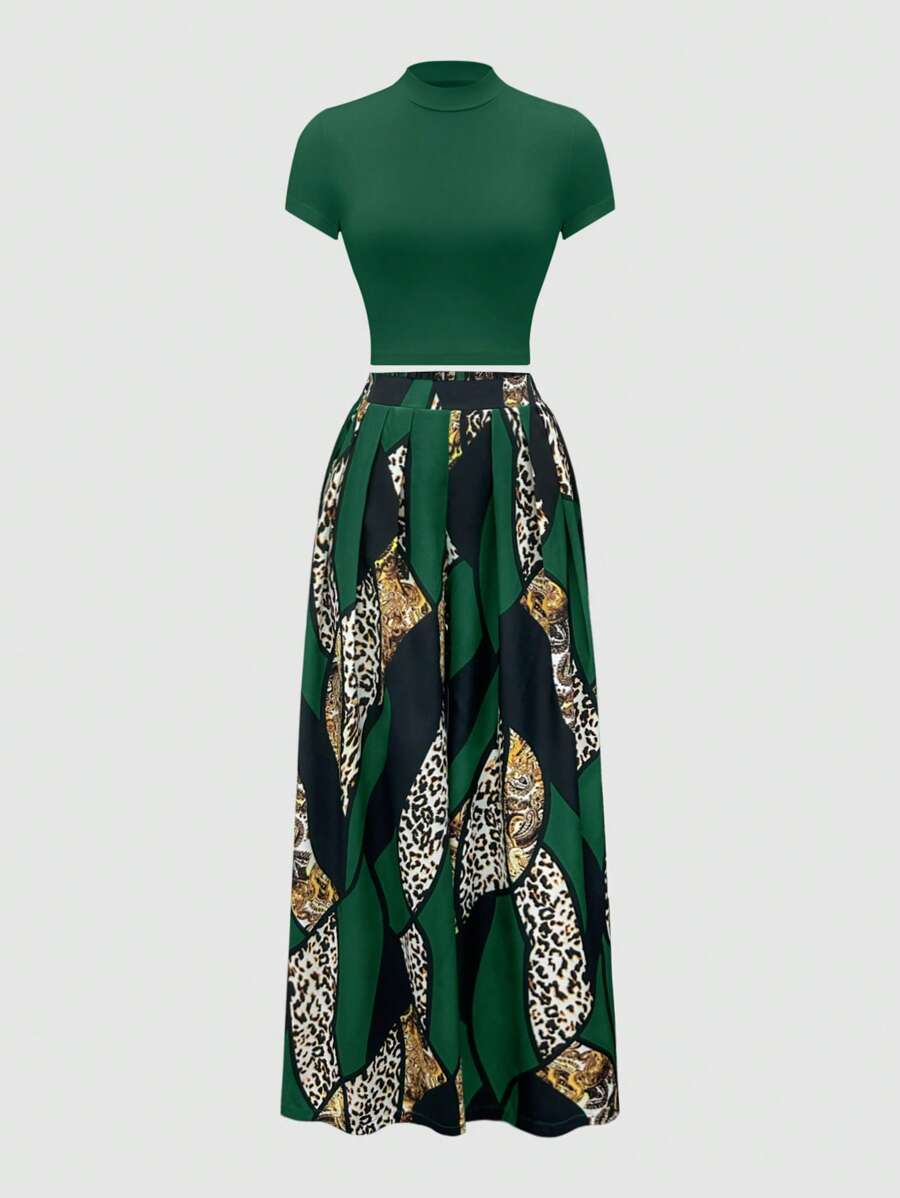 SHEIN SXY 2 件女式夏季黄色 T 恤和拼色阔腿裤套装 - 彩色 - 查看 1