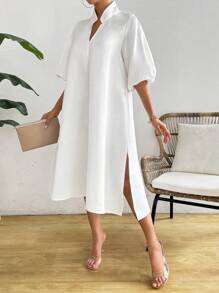 Breezaya Elegant And Charming Lantern Sleeve V-Neck Dress For Holiday Party Clothes Maxi Satin Women Outfit - White - View 5