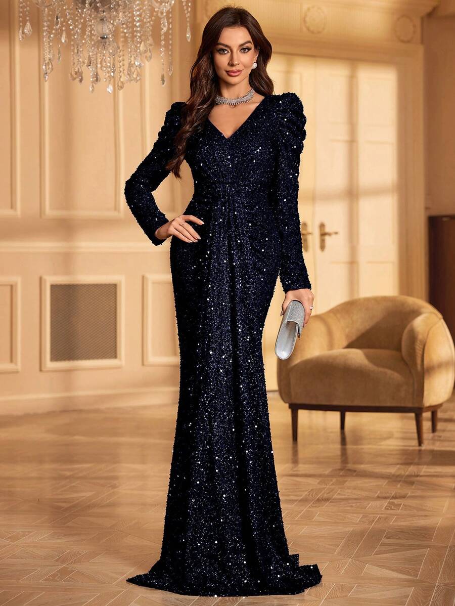 UNITHORSE 女式闪亮羊腿袖正式派对礼服（重型版）婚礼宾客礼服晚礼服、新娘礼服、生日服装、毕业礼服、长袍