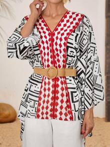 SHEIN LUNE Women's Casual Colorblock Geometric Print Batwing Sleeve Blouse, Spring Autumn - Multicolor - View 4