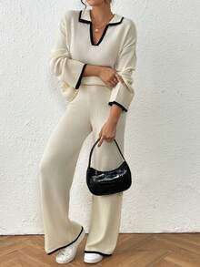 Bộ quần ống rộng ống rộng dáng rộng cổ chữ V phối màu tương phản đơn giản cho nữ Joy Knit - Màu be - Xem 6