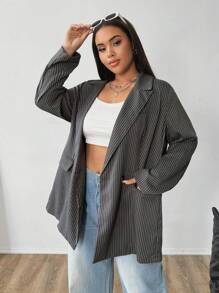 Flirla Plus Size Double-Breasted Grey Striped Print Long Sleeve Loose Blazer Graduation,Back To School,Teacher Outfits For Women - Grey - View 7
