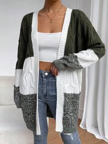 SHEIN LUNE Bicolor Cable Cable Casual Long Sleeve Knit Cardigan - Multicolor - View 1
