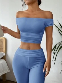 SHEIN EZwear 2 件套女士露肩纯色上衣和裤子套装 - 藍色 - 查看 3