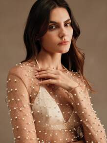 Anewsta 女士透视性感优雅仿珍珠薄纱长袖上衣，夏季沙滩装 - 卡其色 - 查看 4