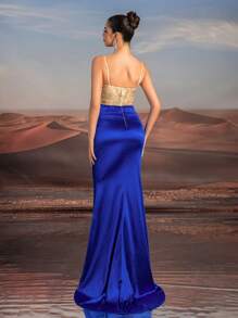 Glamrae 优雅精致的蓝色海洋主题细肩带心形领口骨胸围透明刺绣珍珠侧高开叉鱼尾舞会礼服、正式晚礼服，适合婚礼嘉宾、毕业典礼、晚宴 - 寶藍色 - 查看 3