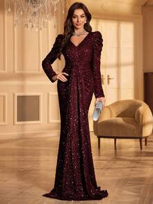 UNITHORSE 女士闪亮羊腿袖正式派对礼服（加厚款）婚礼宾客礼服晚礼服、新娘礼服、生日礼服、毕业礼服、春日优雅度假长裙 - 酒紅色 - 查看 6