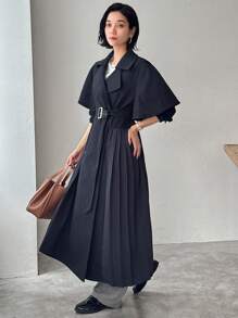 FRIFUL Women's Solid Color Double-Breasted Long Casual Jacket, Spring Autumn Women Coats - Navy Blue - View 4