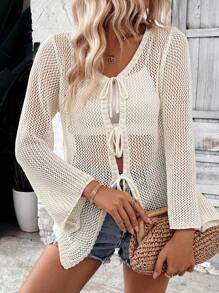 Chiquease Pre-Tied Bowknot Vacation Style Open Front Flared Sleeve Shirt - Apricot - View 4