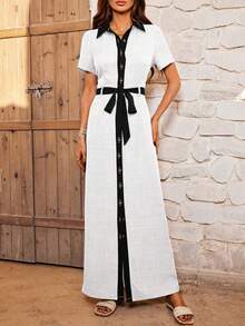 SHEIN LUNE 襯衫領彩色拼接短袖中長款連衣裙 - 白色 - 查看 5