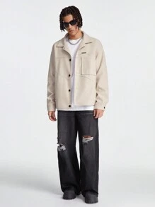 Manfinity VCAY Men's Solid Color Loose Fit Woolen Casual Jacket, Fall Plain Fashion Overcoat For Friends