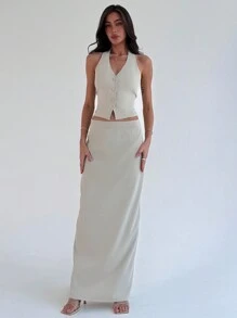 SHEIN Privé Plus Size Elegant Tie-Waist Blazer & Extra Long Slit Hem Midi Skirt 2Pcs Suit, Apricot