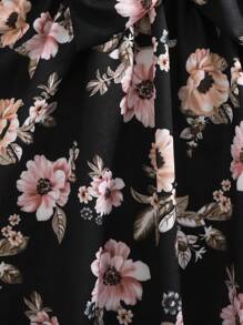 女婴可爱针织拼布花卉图案蝴蝶结长袖连衣裙 - 黑色 - 查看 4