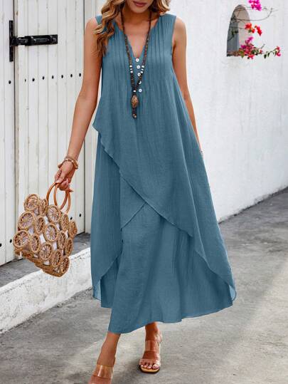 Breezaya Women's Solid Color Notched Neck Long Casual Summer Dress Maxi Vacation Beach Outfit