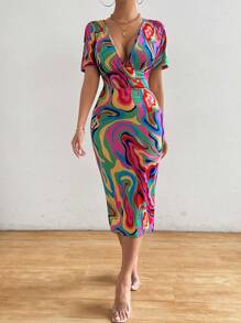 Rafferiza 女士夏季时尚修身深 V 领蝙蝠袖随机印花连衣裙长款女装 - 彩色 - 查看 4