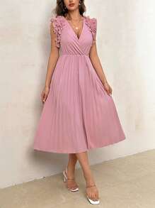SHEIN Privé Vestido elegante y romántico para uso diario de mujer, para citas, de verano con ribete de volantes en el borde, cuello en V, cintura plisada y sin mangas en longitud media