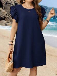 EMERY ROSE Plus Size Solid Color Round Neck Short Sleeve Dress, Summer - Navy Blue - View 5