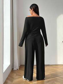 SHEIN EZwear 女士黑色长袖T恤和长裤两件套加大码针织套装 - 黑色 - 查看 2