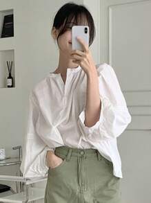 DAZY 女士纯色简约纽扣长袖衬衫 - 白色 - 查看 3