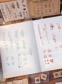 1set (Random) - Branches And Leaves Series Combination Stamp Set, Vintage Flower Pattern Wood Rubber Stamp, Small Wooden Stamp, Suitable For Craft, Scrapbook, Card Making, DIY, Painting, Hand Book - Brown - View 5