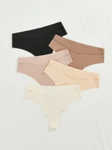 5 件/包 女士纯色性感丁字裤 带 V 形网眼细节 - 彩色 - 查看 5