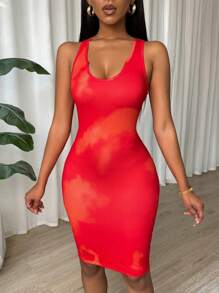 VaVaBold Tie Dye Pleated Slim Fit Sleeveless Bodycon Dress For New Year Clothes