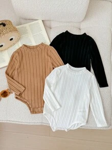 SHEIN LMoss Kids 3 Stücke Set für Neugeborene, Jungen/Mädchen, einfarbig schwarz/weiß/khaki, langärmeliger Strick-Romper, weich und bequem, passend zur Freizeitkleidung für zu Hause, Ausflüge und zum Schichten