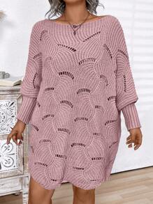 Plus Size Women's Solid Color Simple Daily Hollow-Out Long Sleeve Sweater