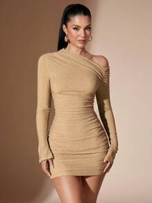 SHEIN BAE Women's Autumn/Winter Yellow Solid Color Long Sleeve Knit Off-Shoulder Ruched Bodycon Mini Dress - Yellow - View 5