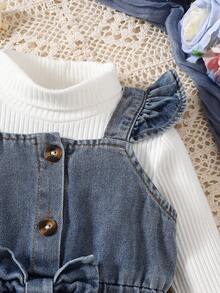 Conjunto de niña bebé con blusa de manga larga de cuello alto de un solo color y mono sin mangas de mezclilla con estampado de corazón con acento de mariposa - Blanco - Ver 6