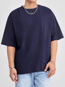 SWAVVY 夏季男士超大纯色落肩T恤 - 藏蓝色 - 查看 4