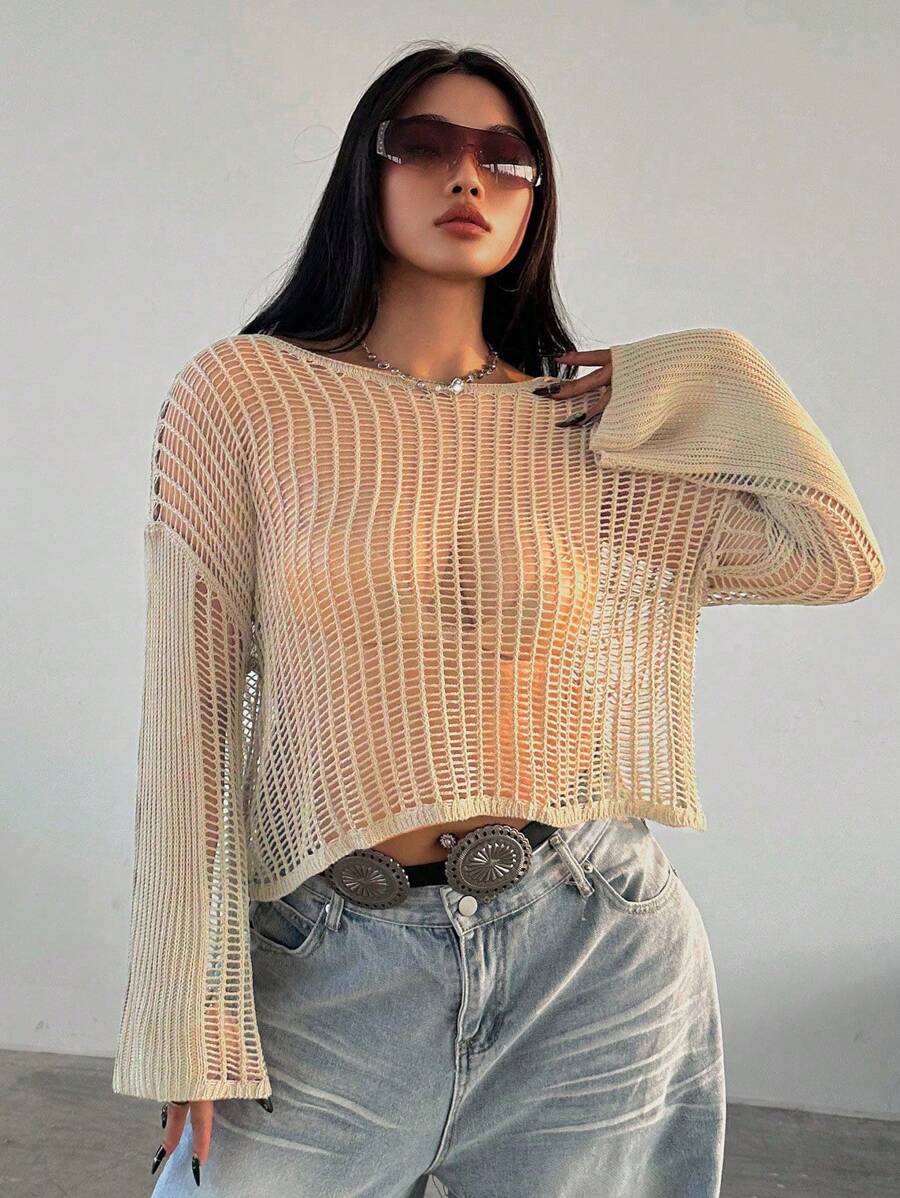 Flirla Plus Size Loose Boat Neck Long Sleeve Comfy Hollow-Out Solid Knit Top , Apricot Sweater - Apricot - View 1