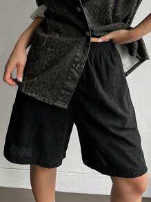 DAZY 女式宽松时尚纯色灯芯绒短裤 - 黑色 - 查看 5