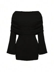 INAWLY Women's Off-Shoulder Long Sleeve Solid Color Simple Yet Elegant Knitted Dress