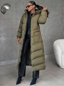 EURMUSE Finger Cut Detailed Cuff, Hooded, Patch Pocket Keeping Warm Puffer Jacket - Khaki - View 7