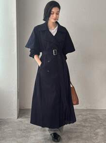 FRIFUL Women's Solid Color Double-Breasted Long Casual Jacket, Spring Autumn Women Coats - Navy Blue - View 2