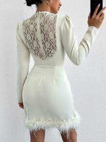 EURMUSE Women's Puff Sleeve Fuzzy Hem Long Sleeve Dress - Beige - View 1