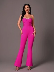 SHEIN Belle Glamorous Rhinestone Embellished Bustier Elegant Jumpsuit With Padded Cups - Hot Pink - View 5