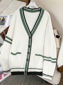 Chiquease 女式休闲拼色条纹开衫，秋冬 - 白色 - 查看 1