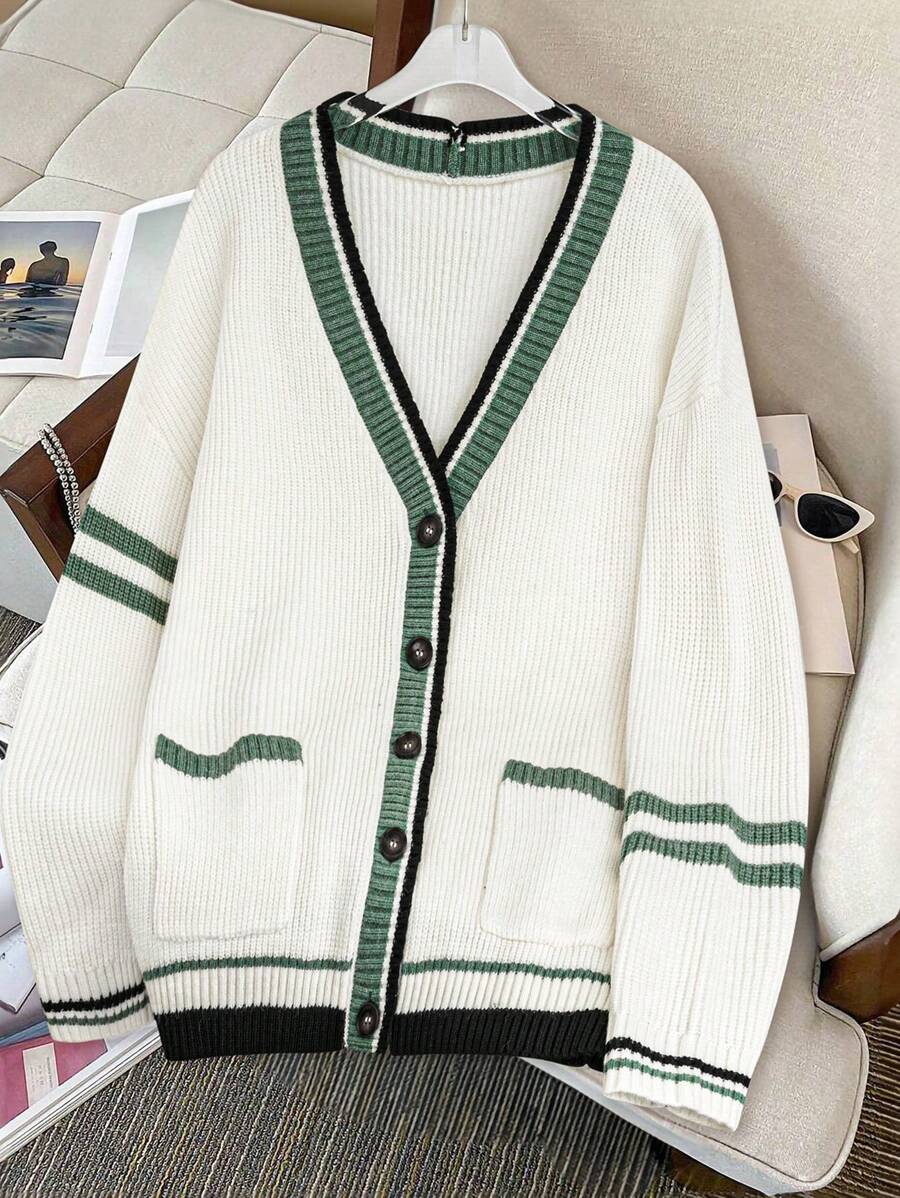 Chiquease 女式休闲拼色条纹开衫，秋冬 - 白色 - 查看 1