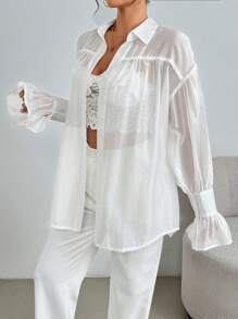 Chiquease Sheer Fabric Ruched Bell Sleeve Commute Elegant Women's Shirt Outfits  Fall Women Clothes