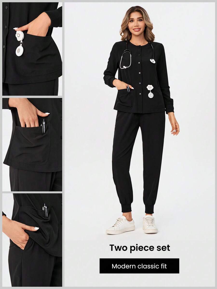 TaskEZ Conjunto de uniforme con frente abotonado, camisa de manga larga con bolsillos y pantalones