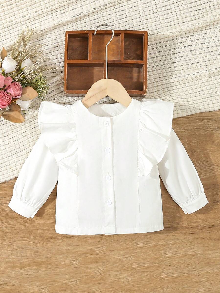 SHEIN Infant Girls Elegant Casual Versatile Comfortable White Ruffled Long Sleeve Blouse, Fall Winter - White - View 1