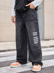 SHEIN Explorewe Boys' Loose Fit Personalized Letter Pattern Jeans, Denim Pants - Black - View 4