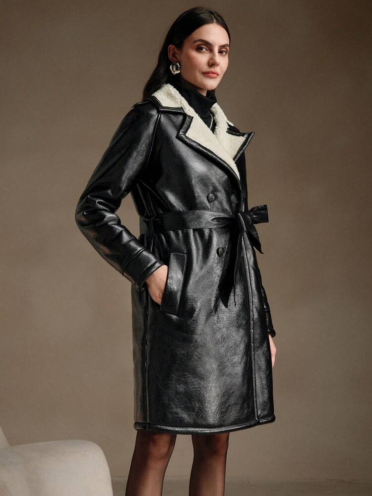 Chaqueta de aviador con cuello vuelto y cinturón de bloques de color para mujer